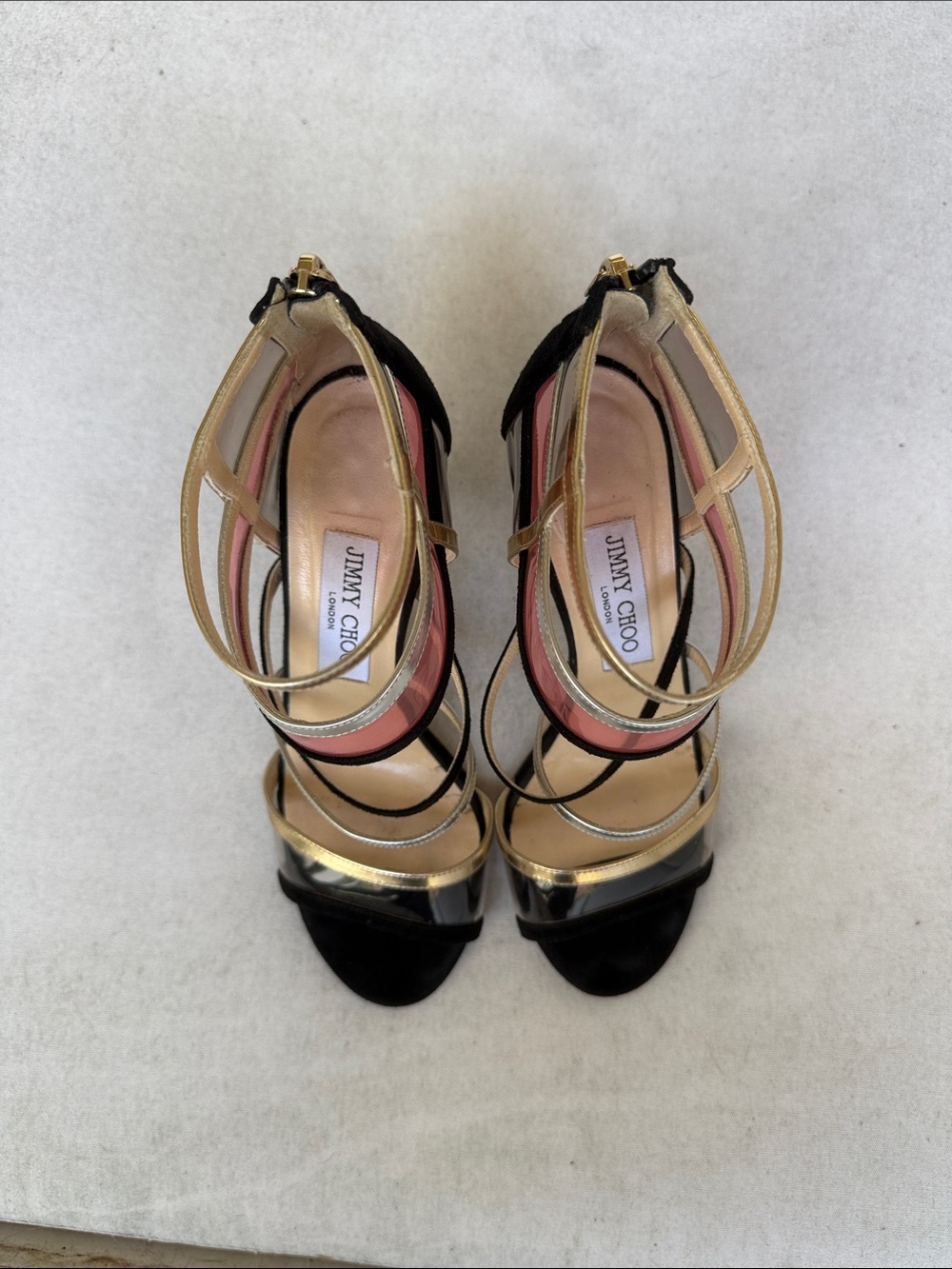 Jimmy Choo Gold, Black & Pink Strappy PVC Heels - Picture 3 of 5